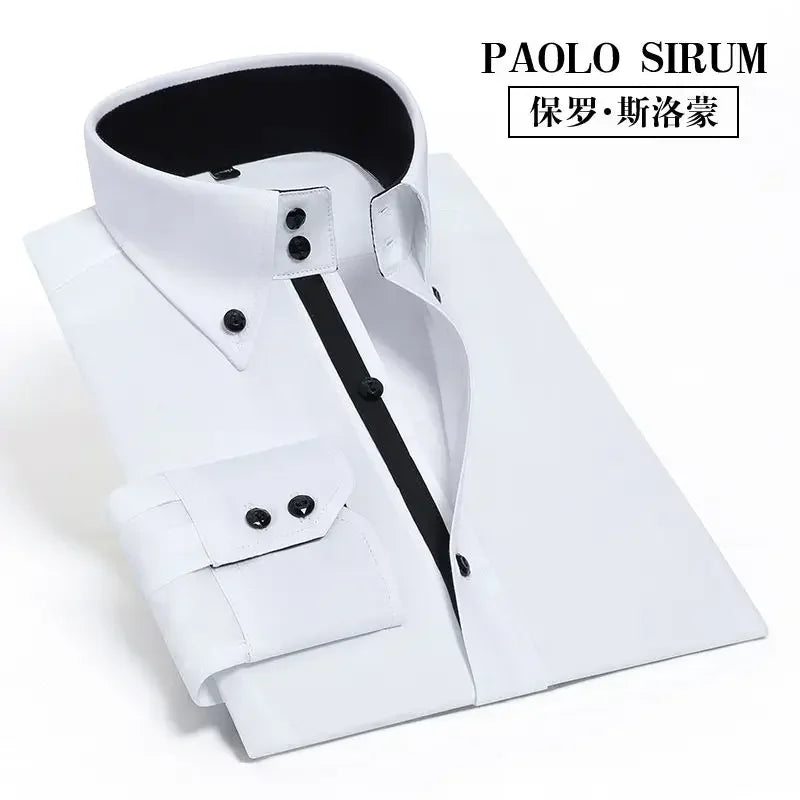 Men's Dress Shirt Autumn Spring Long Sleeve Business Blue Casual Shirts Female Coat Slim-fit Non-ironing Solid Color Black