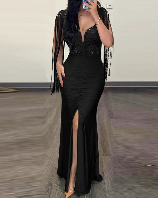 Womens Dresses 2024 Summer Fashion Contrast Sequin Ruched Slit Tassel Design Sexy Plunge Short Sleeve Skinny Maxi Evening Dress