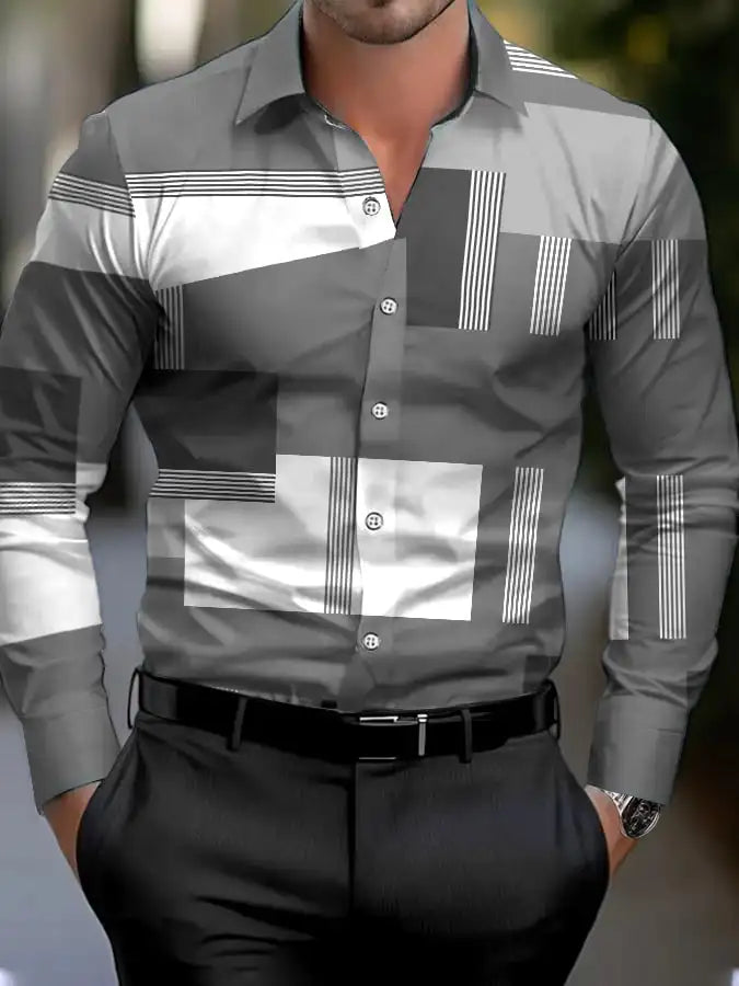Men's shirt regular lapel shirt men's 3d printing triangle geometric printing casual street long sleeve fashion printed shirt