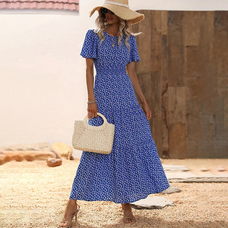 Spring Summer Tierred Dress Women Midi Dresses Female Short Sleeve Elastic Waist Printed Floral Pleated Backless Casual Dress