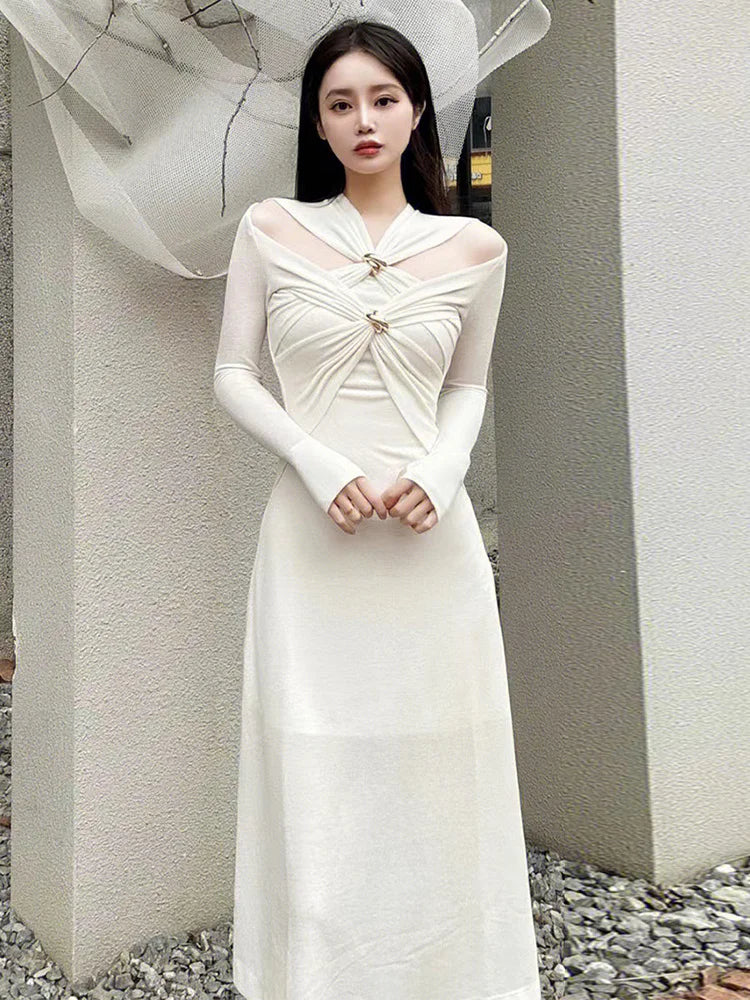 TWOTWINSTYLE Knitting White Dresses For Women V Neck Long Sleeve High Waist Hollow Out Slim Dress Female Summer 2023 Clothing