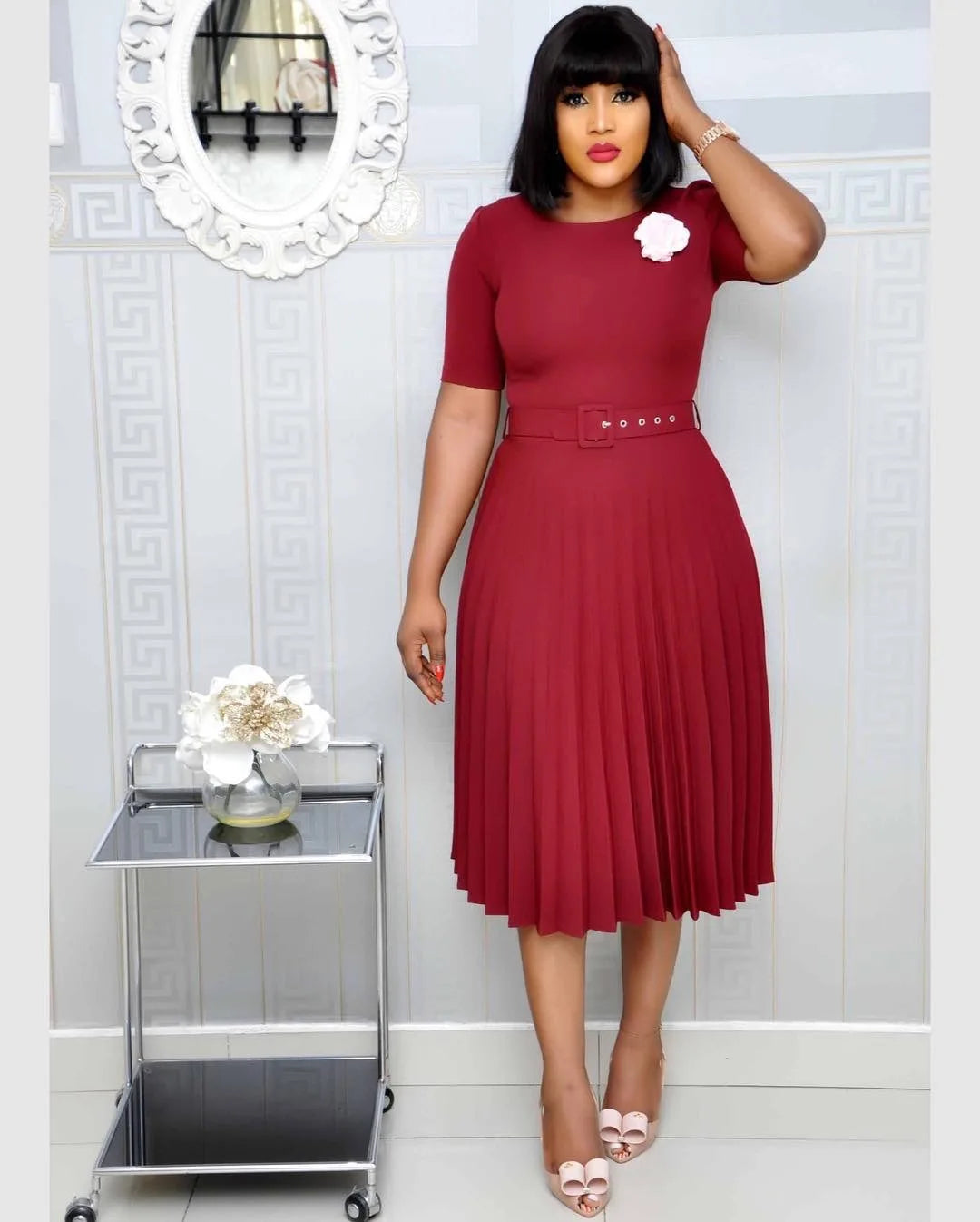 Summer Plus Size Pleated S-5Xl Dress Ladies O-Neck Short Sleeve Solid With Belt Mid-Calf Office Lady Elegant Dresses For Women