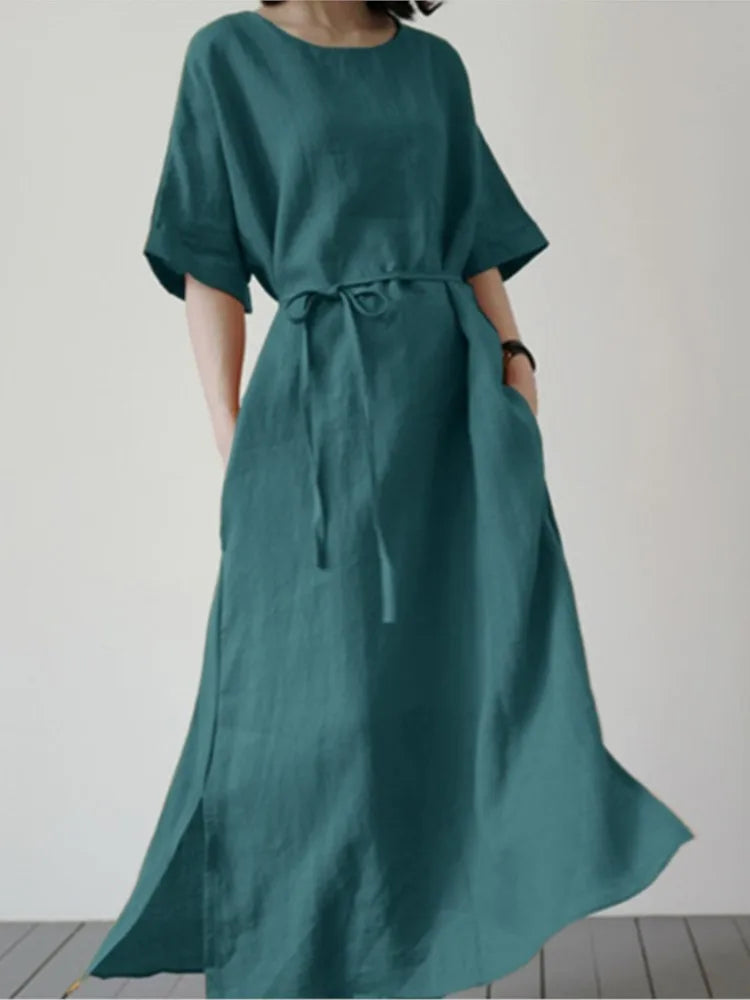 Spring Summer Women's Long Dresses Fashionable Split Hem Skirts Short Sleeves Casual Waistbands Cotton Linen Dresses For Women