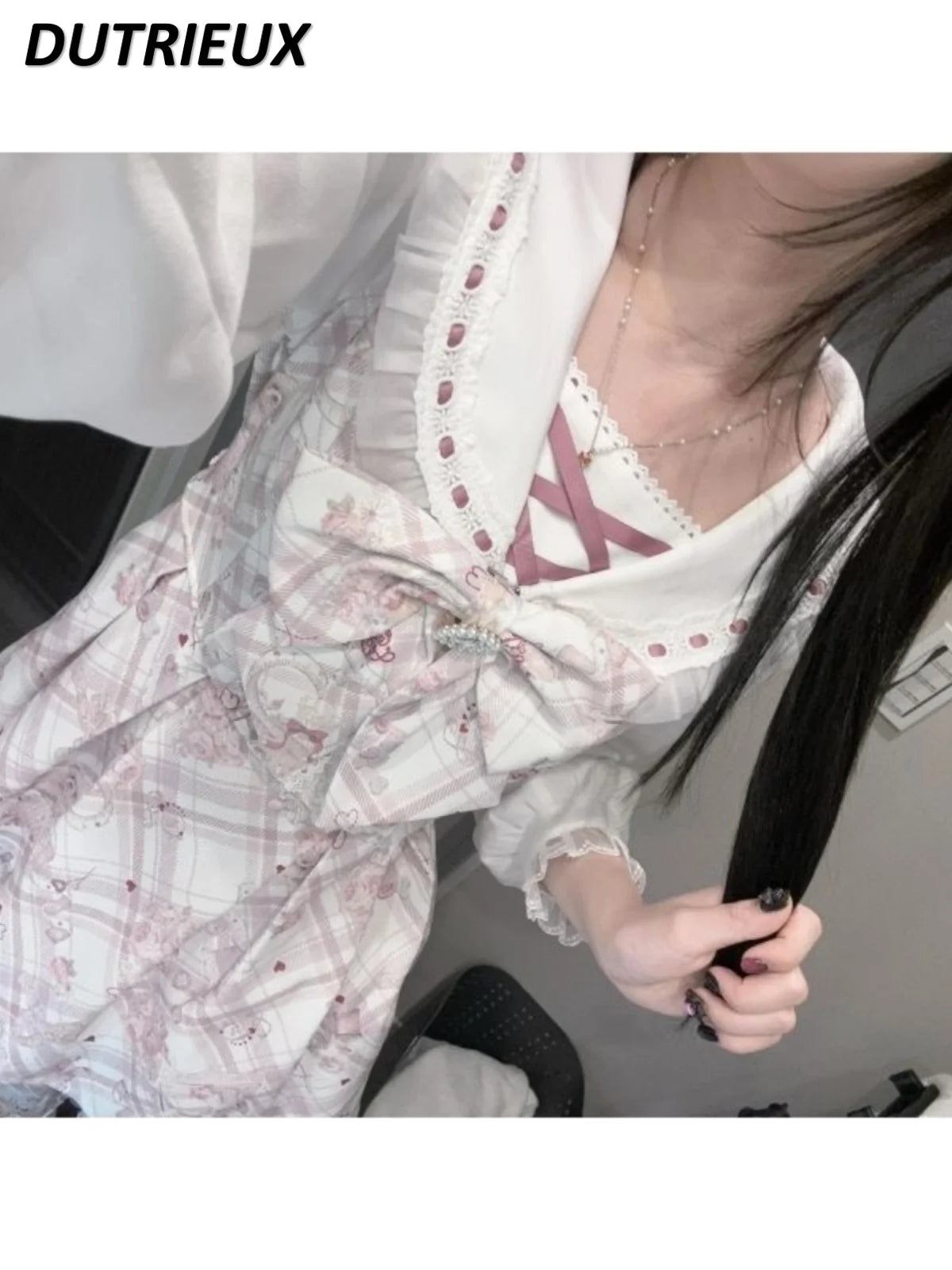 Spring Summer Pink Cute Casual Long Sleece Dresses for Women Bow Printed Bear Navy Collar Princess Dress Waist Pleated
