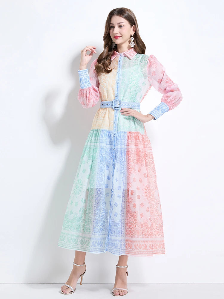 Spring Summer 2025 New Women Fashion Rainbow Print Elegant Shirt Long Dresses Vintage Single Breasted Party Dress Bohemian Trend