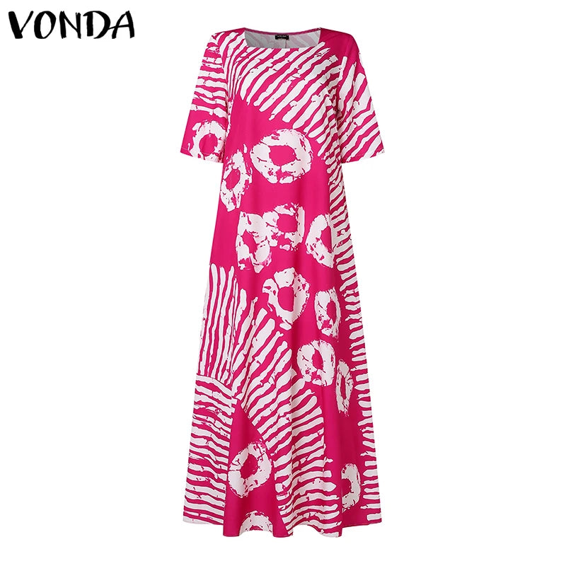 Plus Size VONDA Women Summer Party Maxi Dress Bohemian Printed Long Sundress Beach Vestidos 2025 Half Sleeve Casual Loose Robe