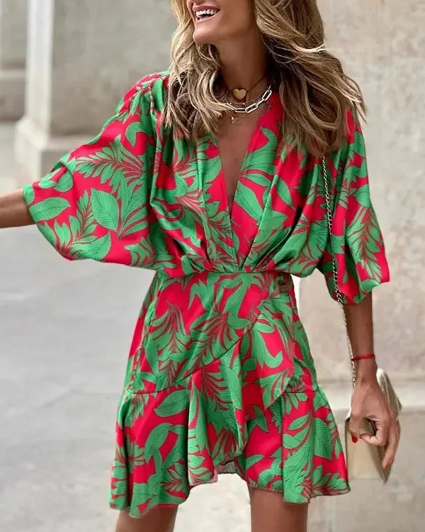 spring Irregular Mini Dress For Women Fashion Print Casual Bohemia Style Vacation Sundress Women's Bat Sleeve Ruffles Dresses