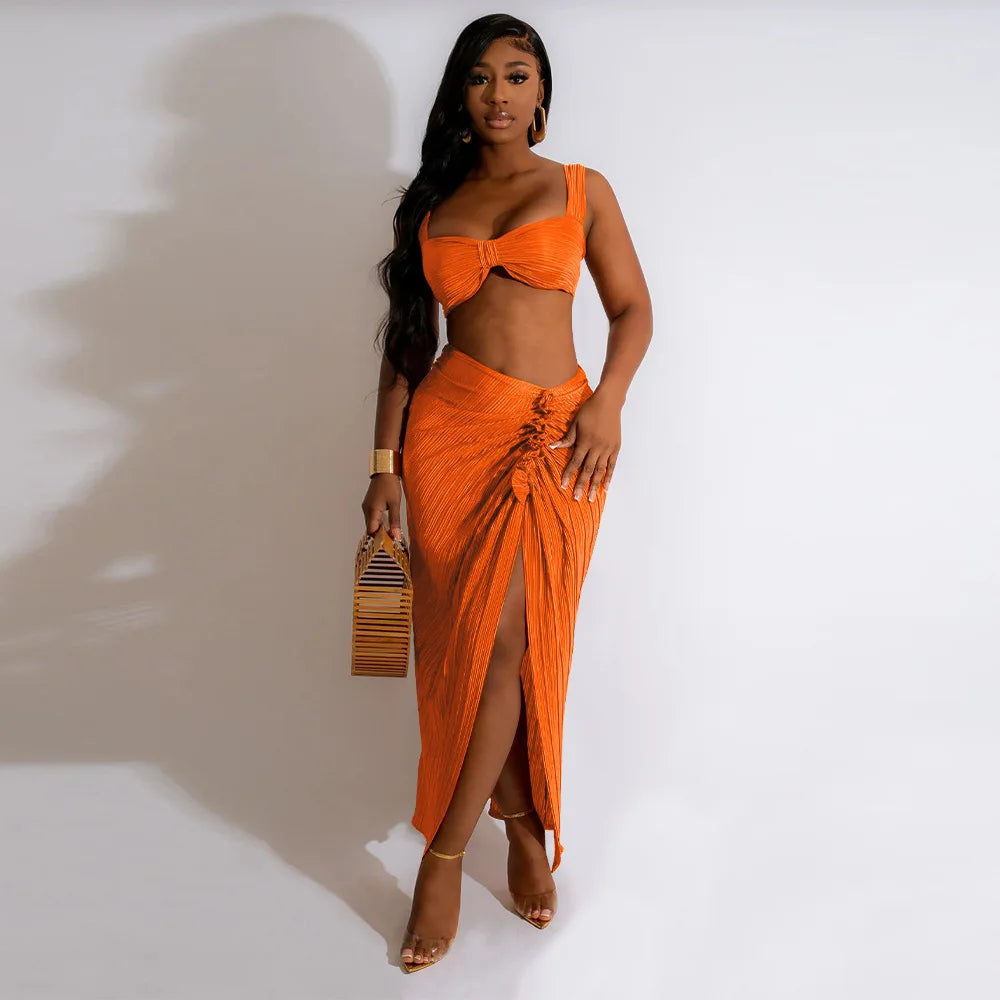 Summer Dresses for Women Two Pieces Set Sexy Backless Halter Top and High Waist Side Slit Pleated Skirt Matching Lady Streetwear