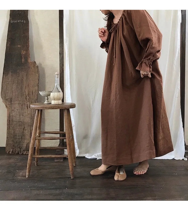 2025 New Spring Cotton Linen Dress for Women Solid Long Sleeve Drawstring Office Lady Elegant Maxi Dress