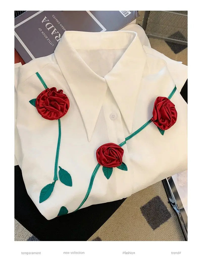 2023 New Spring and Autumn Fashionable Temperament Romantic Three-dimensional Rose Men's Casual Loose Design Sense Niche Shirt