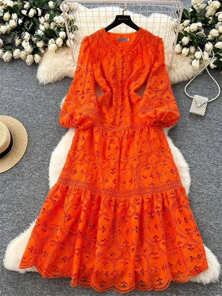 Spring French Vacation Fashion Dress Women Buttons Hook Flower Hollow Out Design 2025 High Quality Lace Ruffles Long Dress