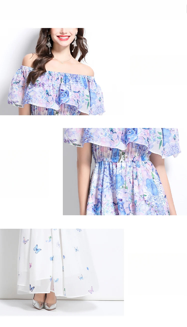 Summer French Floral Chiffon Dress Women Off Shoulder Slim High Quality Sheer Elastic Spring Vacation Print Ruffles Long Dresses