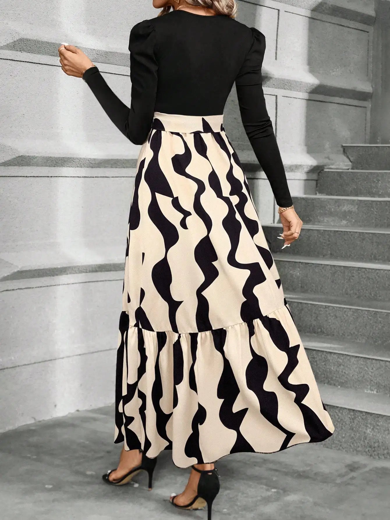 Spring and summer color combination high-waisted flower print dress woman elegant