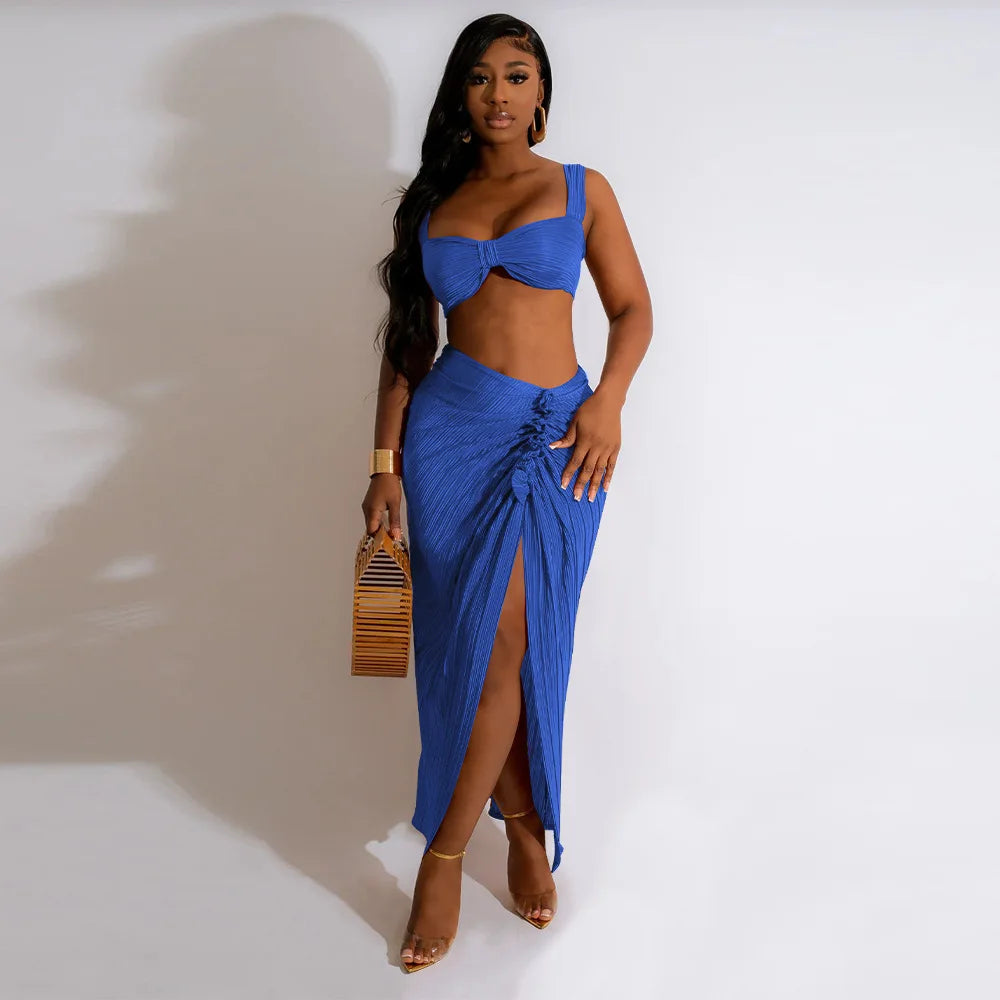 Summer Dresses for Women Two Pieces Set Sexy Backless Halter Top and High Waist Side Slit Pleated Skirt Matching Lady Streetwear