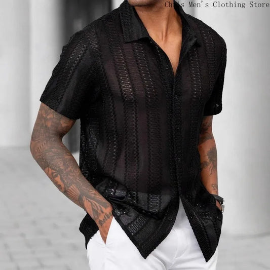 Spring and Summer Men's Sexy Short-sleeved Shirt, Outdoor Leisure Beach Men's Top Shirt, Comfortable Breathable Shirt for Men