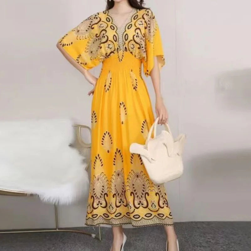 Spring New In Women's Dress V-Neck Short Sleeve Dress Elegant Sweet Print Dress Casual Retro Boho Elastic Waist A-Line Dress