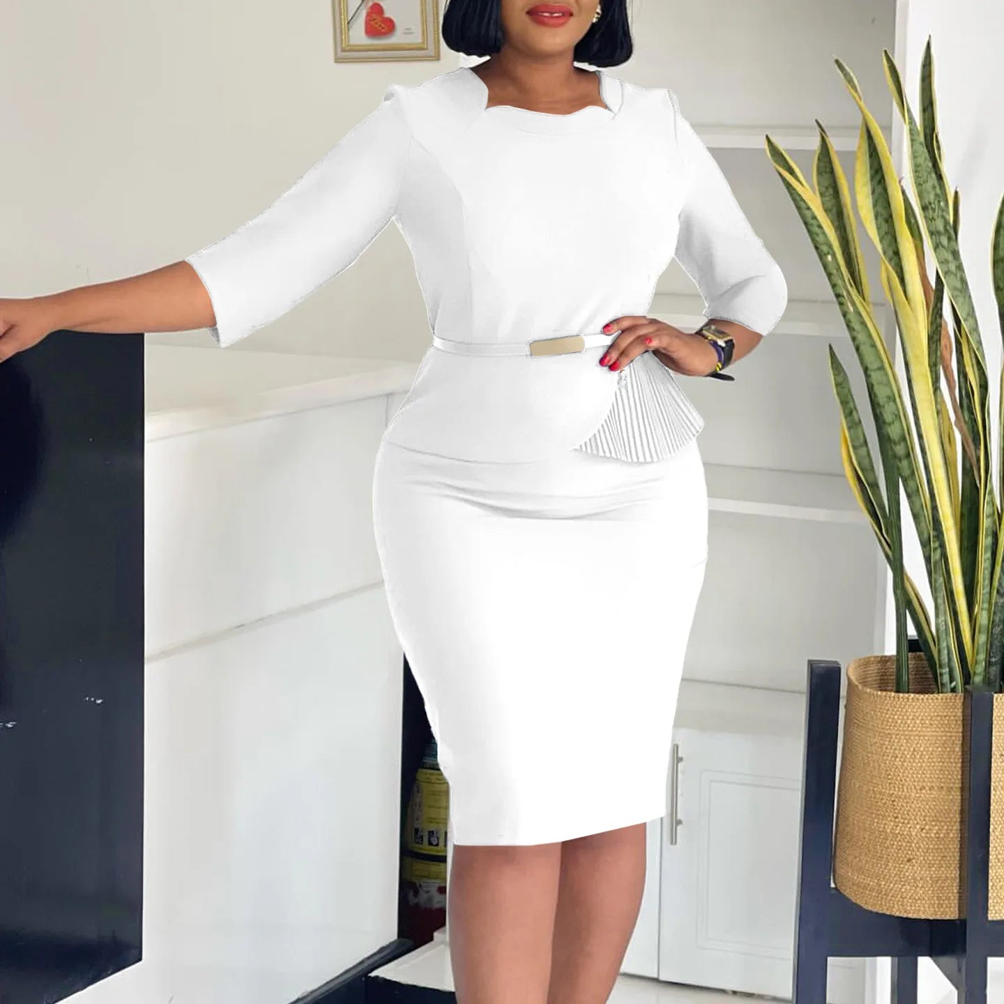 L-3XL Plus Size Elegant Midi Dress 2025 Spring Summer Women Office Lady Dress Casual 3/4 Sleeve Bandage Robe Oversize Dress
