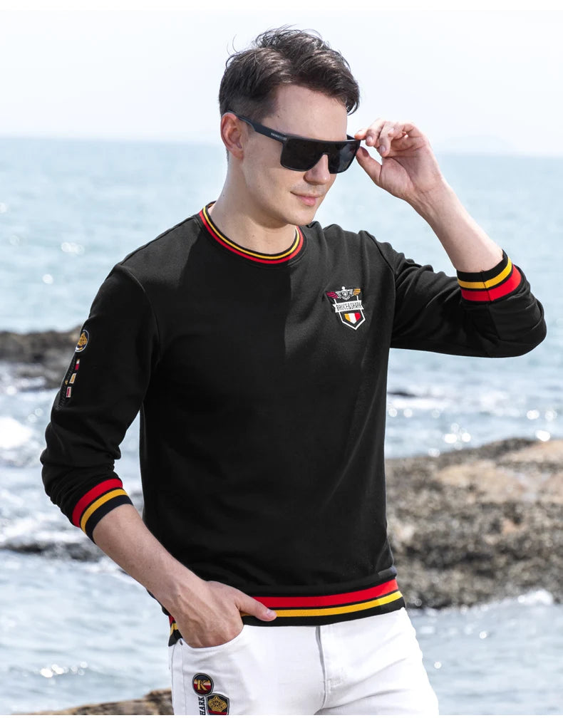Spring New Men' T-Shirts Round Neck Solid Color Long sleeved Tops Bruce&Shark Thicken Stretch Cotton Men's Clothing Korea Style