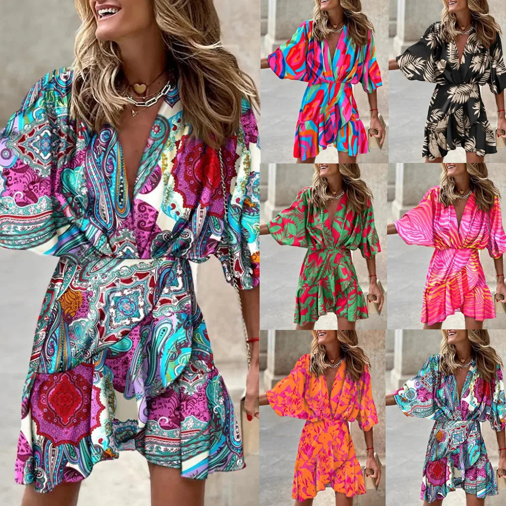 spring Irregular Mini Dress For Women Fashion Print Casual Bohemia Style Vacation Sundress Women's Bat Sleeve Ruffles Dresses