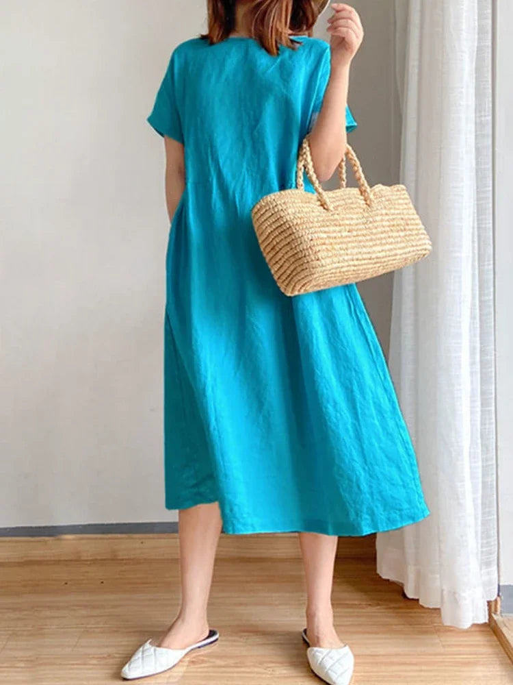 New in Spring Summer Women's Dress Elegant Casual Loose Short Sleeve Tops A-LINE Oversize Solid Midi Dresses for Women Clothing