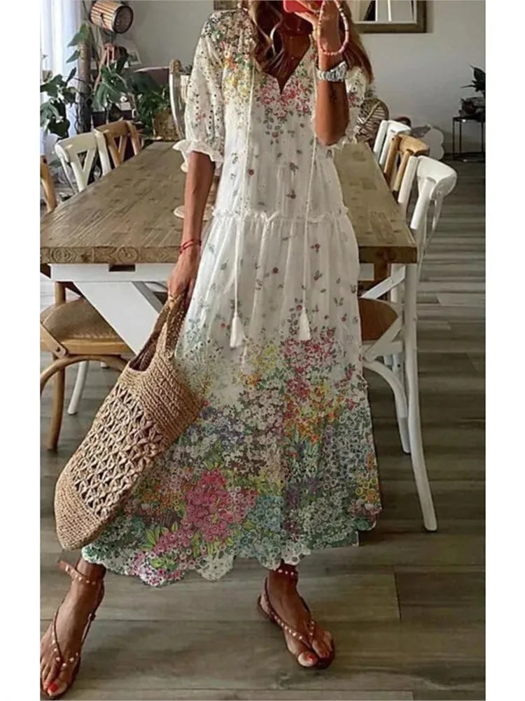 New Women's Spring Summer Dress Sexy V-neck Drawstring Printed Long-sleeved Dress Casual Loose Fashion Elegant Fresh Sweet Dress
