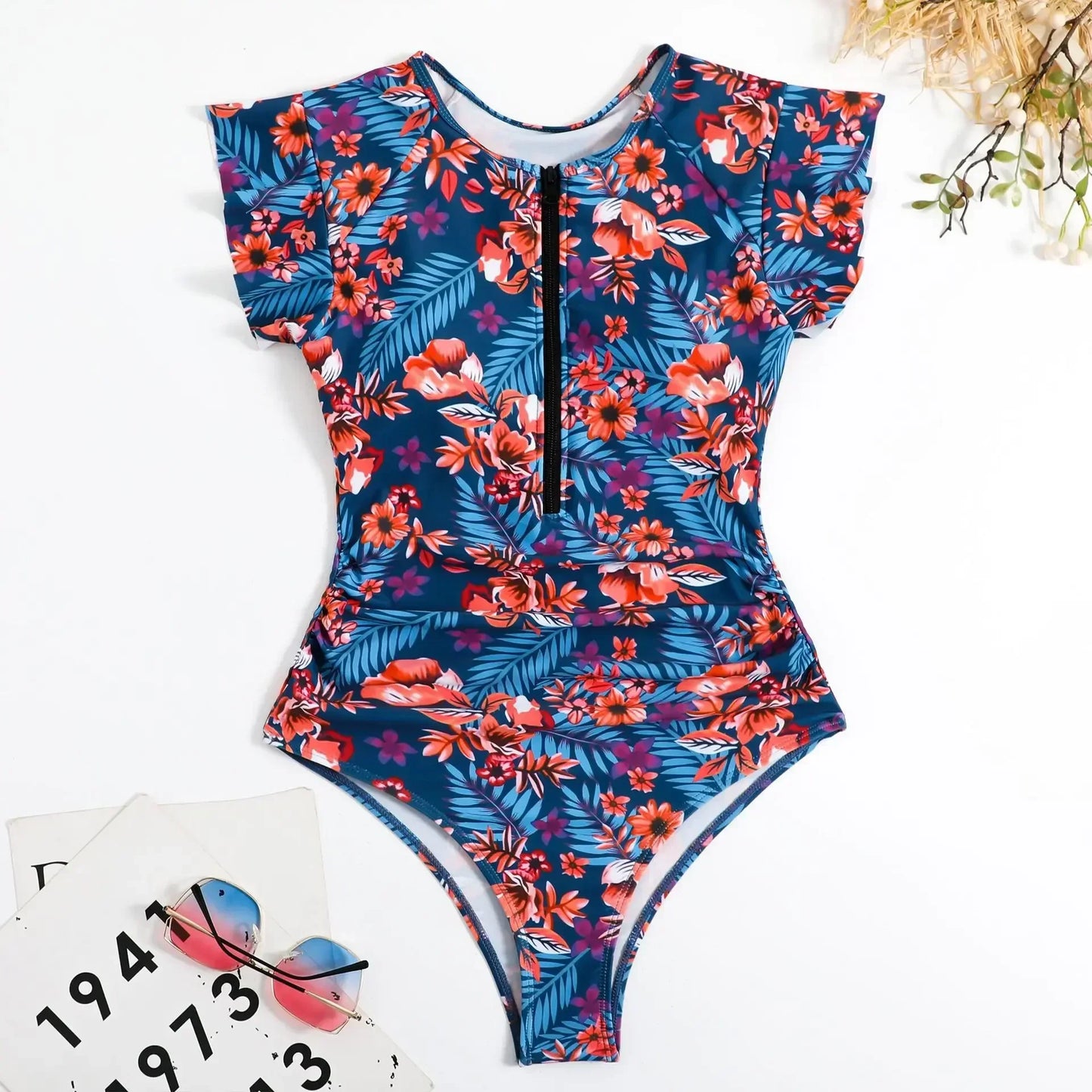2024 Fashion Short Dress One-piece Swimsuit Zipper Swimsuit Sexy Bikini Women's Thickened Printed Swimming Beach Wear Summer