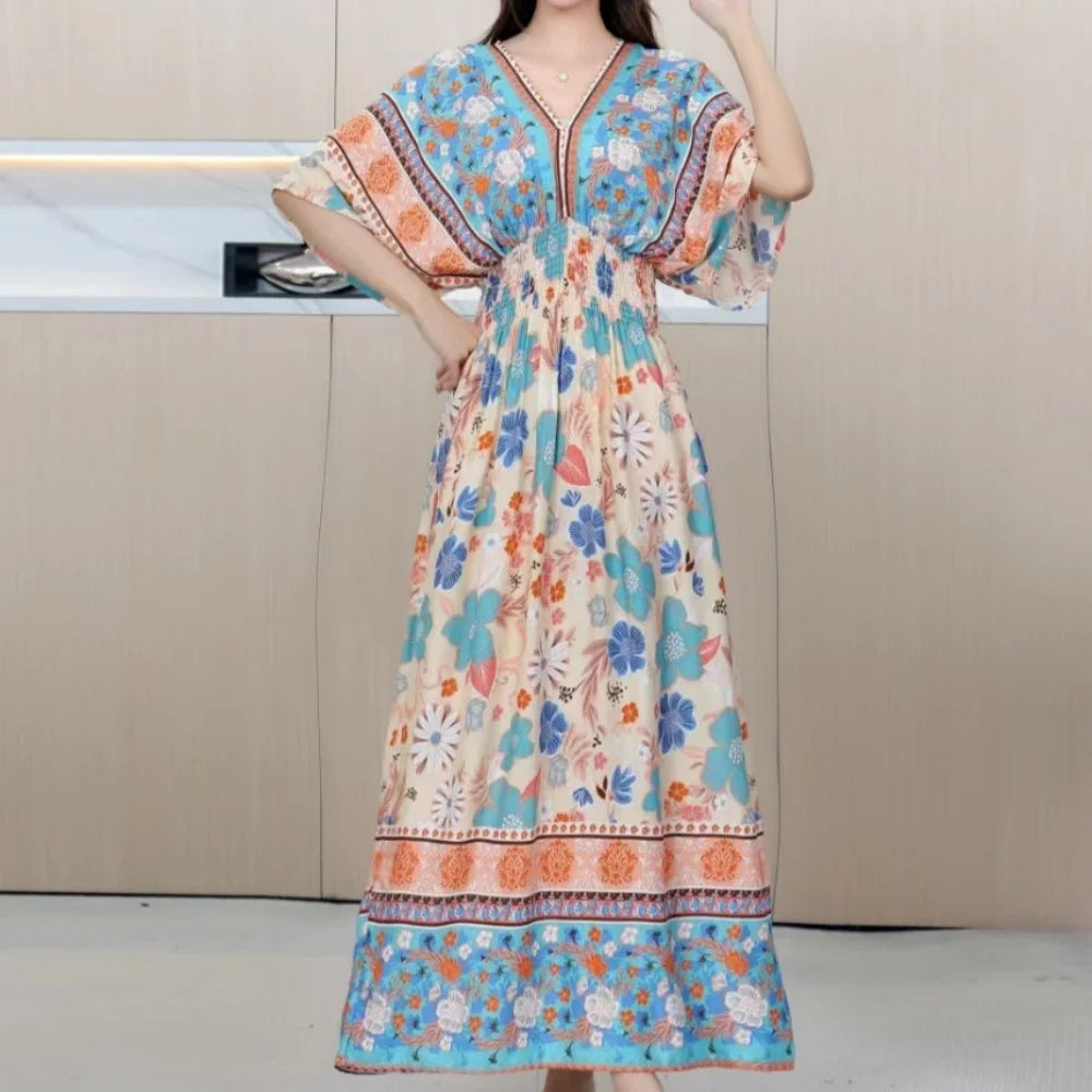 Spring New In Women's Dress V-Neck Short Sleeve Dress Elegant Sweet Print Dress Casual Retro Boho Elastic Waist A-Line Dress