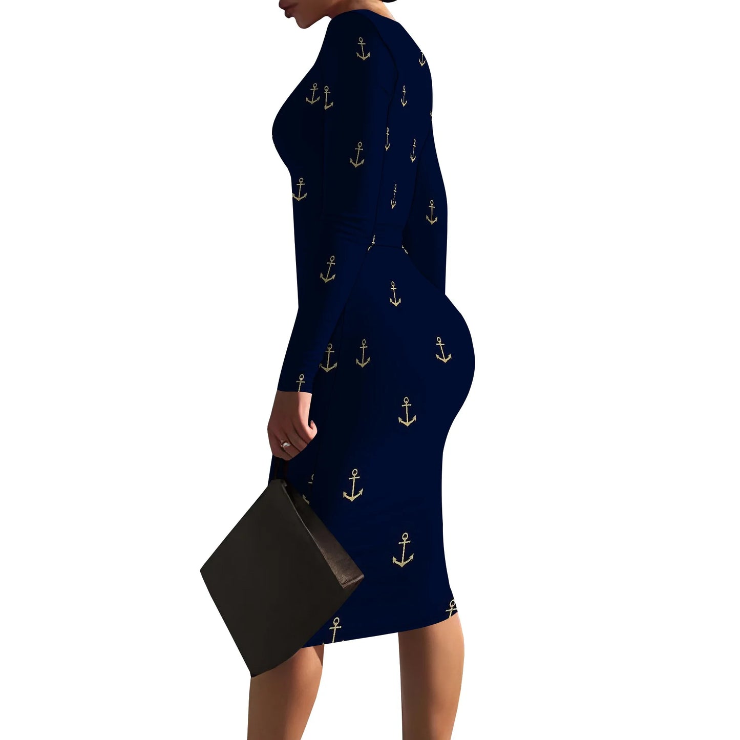 Women's Spring Casual Dress Sexy Slim Pleated Long Sleeve Crew Neck Midi Dress Fashion Out Party Pencil Skirt