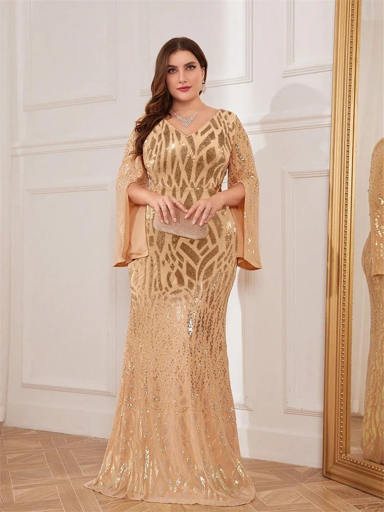 Plus Size Elegant Sequin Black Evening Dress 2025 Women Formal Maxi Prom Long Sleeves Party Luxury Cocktail Bridesmaid Gowns