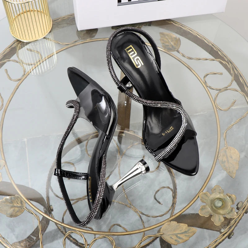 elegant woman heeled shoes sandals in autumn 2023 pointed rhinestones with stiletto heels transparent belts to wear women shoes