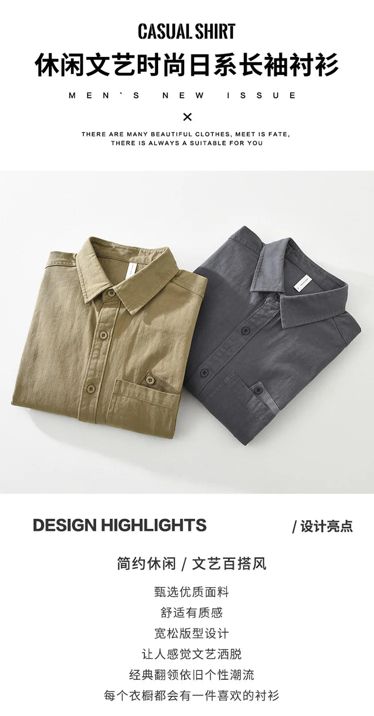 2025 New Spring Japan Workwear Long Sleeve Shirts 100% Cotton Fashion Versatile Artistic Casual Loose Tops Men Drop Shipping