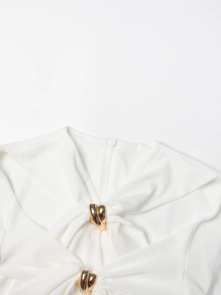 TWOTWINSTYLE Knitting White Dresses For Women V Neck Long Sleeve High Waist Hollow Out Slim Dress Female Summer 2023 Clothing