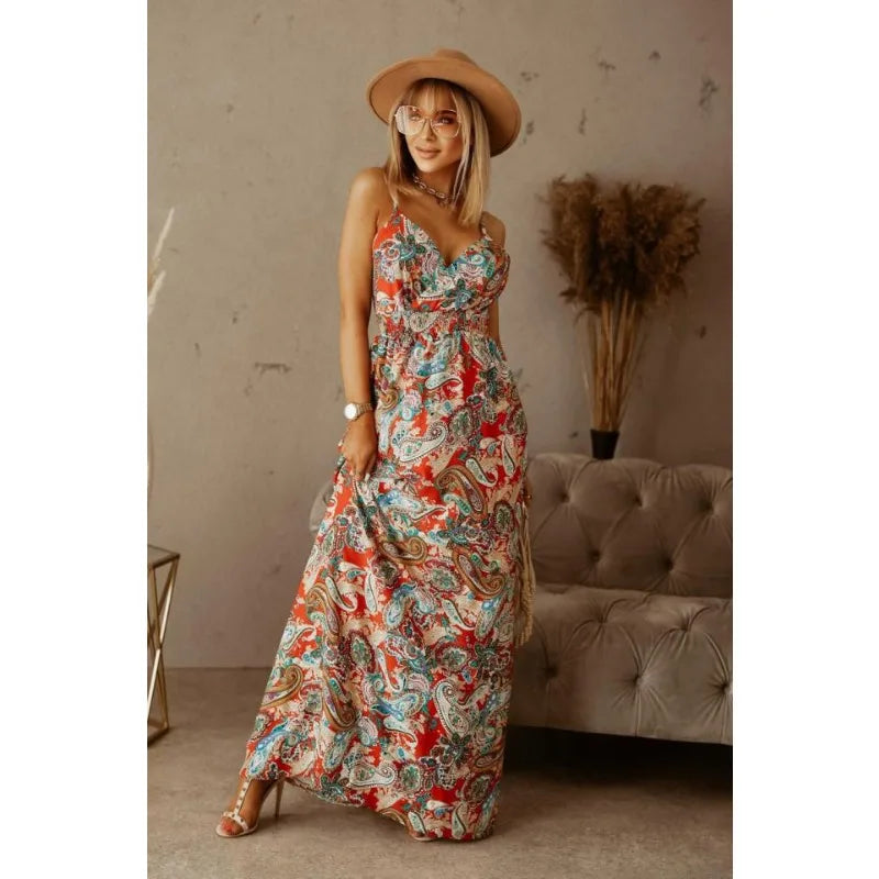 Spring Summer Elegant Women Corset Bohemian Dress Sexy New 2024 Fashion Strap V Neck High Waist Print Long Vacation Dress