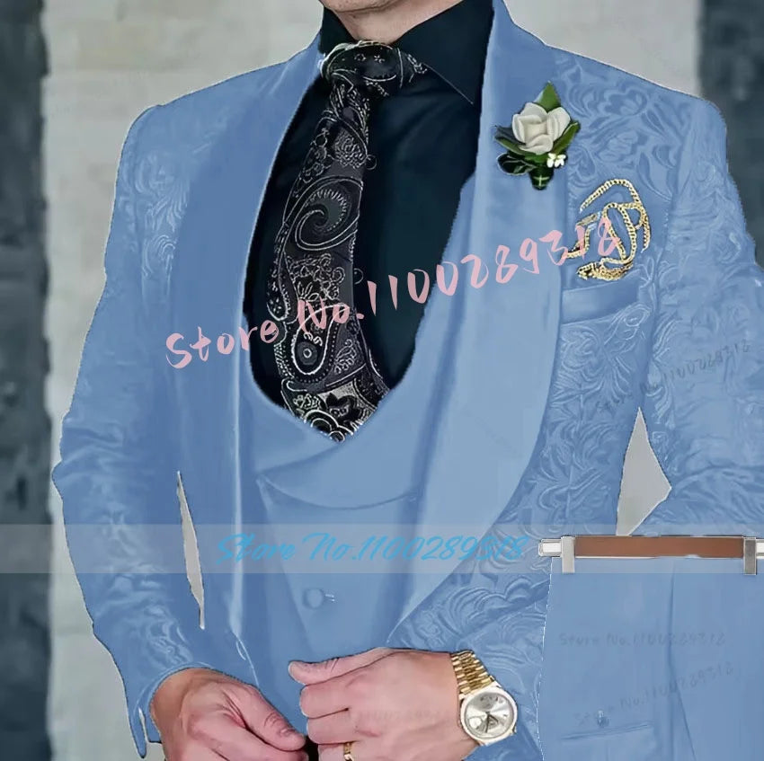 Jacquard Men's 3-piece Suit Set Formal Party Dress Groom Tuxedo High Quality Elegant Men Terno Masculino Costume Homme Mariage