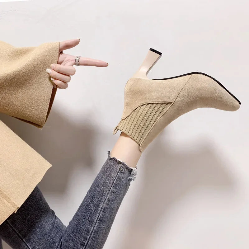 Ankle Boots Women 2024 Autumn Pointed Toe Knitted Warm Elastic Women's Shoes Casual High Heels Platform Boots Botas De Mujer