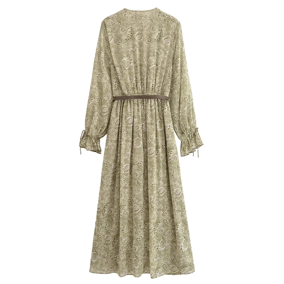 2025 New Spring Womens Dress Flower Printed Long Dresses For Women Long Sleeve Belt Midi Dress Ladies Elegant Party Dresses