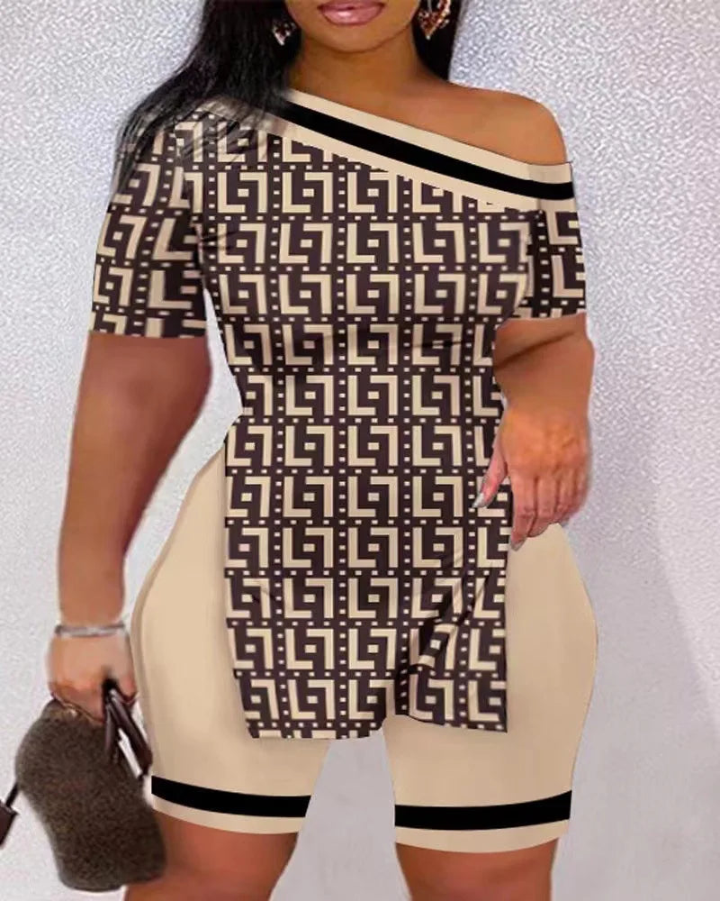 Print Two Piece Shorts Sets Women Skew Collar Short Sleeve Shirts Side Split Tops Pullover Elastic Waist Trousers Summer 2023