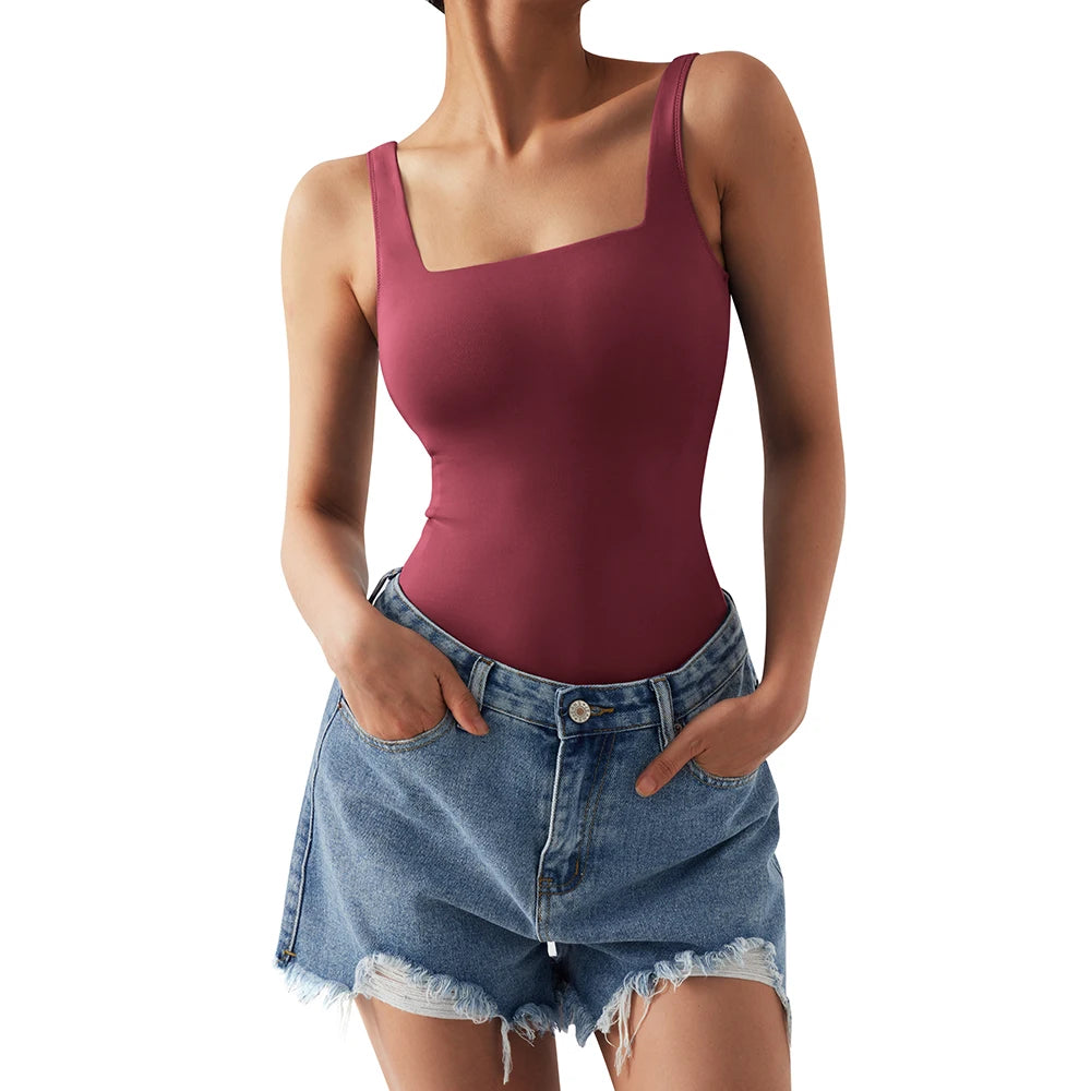 Bodysuits Women Sexy Body Suit One-Piece Romper Solid Sexy Sleeveless Square Neck Padded Tank Tops Jumpsuit Streewear Ladies