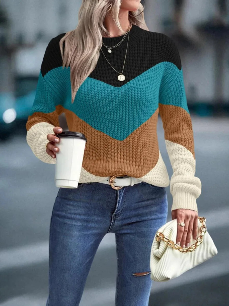 Knit Sweaters Women Jumpers Striped Print Round Neck Streetwear Pullover Top Casual Long Sleeve Warm Sweater Autumn Winter