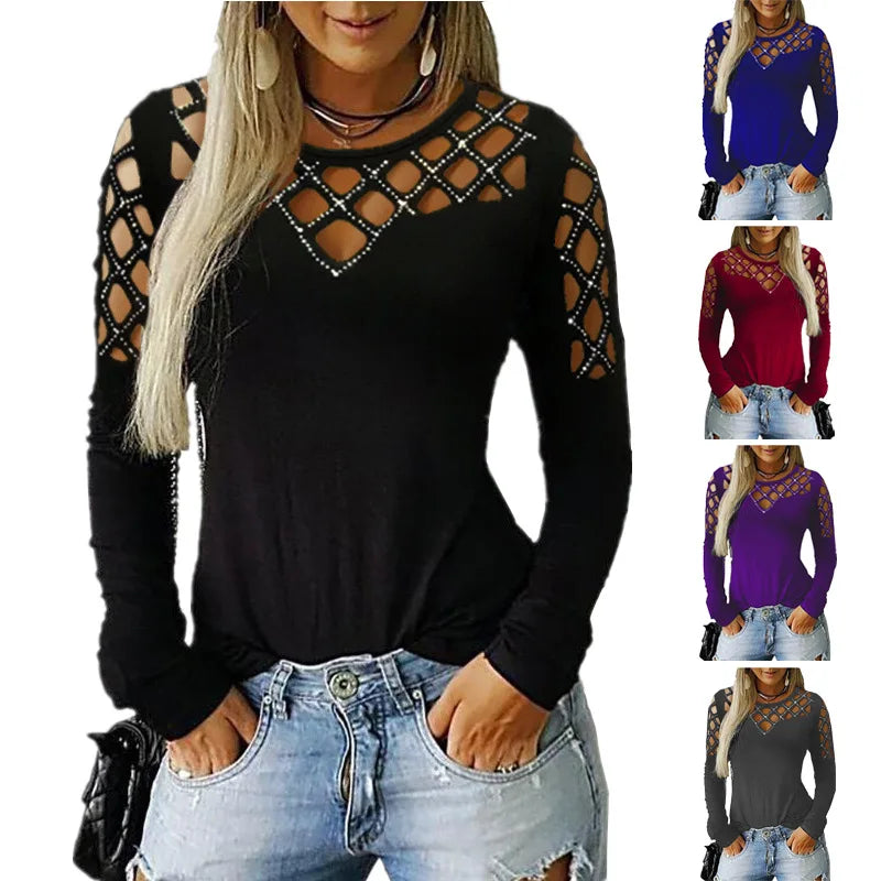 Autumn Winter New Women's Fashion Solid Color Hollow Diamond Splicing Long Sleeve T-shirt Casual Comfortable Top For Women