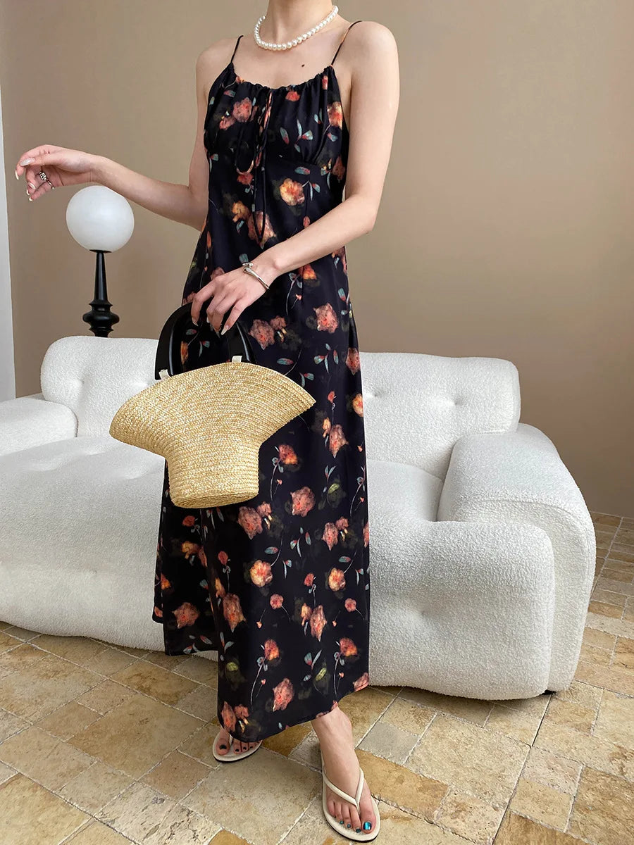 Spring and summer women's casual flower print slim fit suspender dress