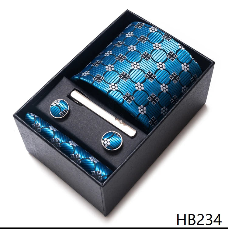 Tie Handkerchief Cufflink Set For Men Necktie Holiday Gift Box Blue Gold Suit Accessories Slim Wedding Gravatas