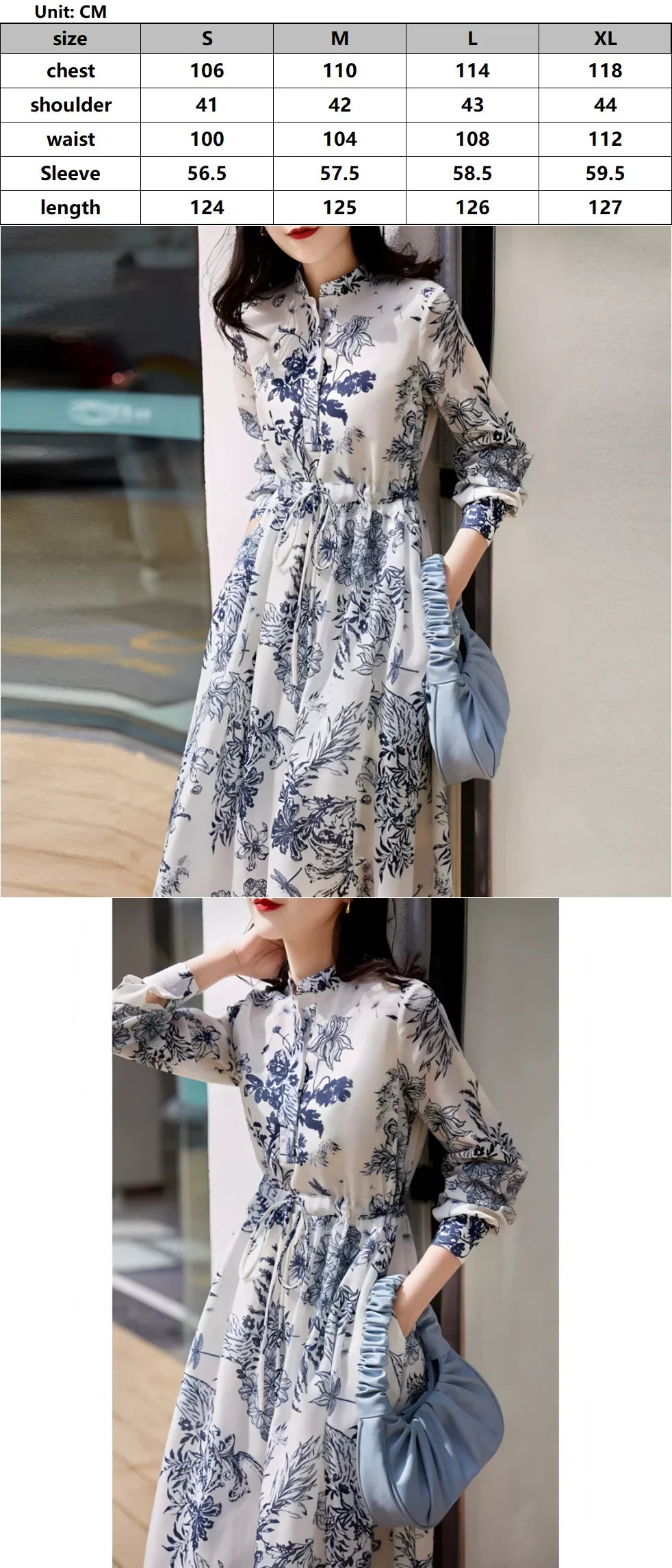 Women's spring and fall vintage print dress interpretation of elegant temperament lace-up slim French long sleeve long skirt