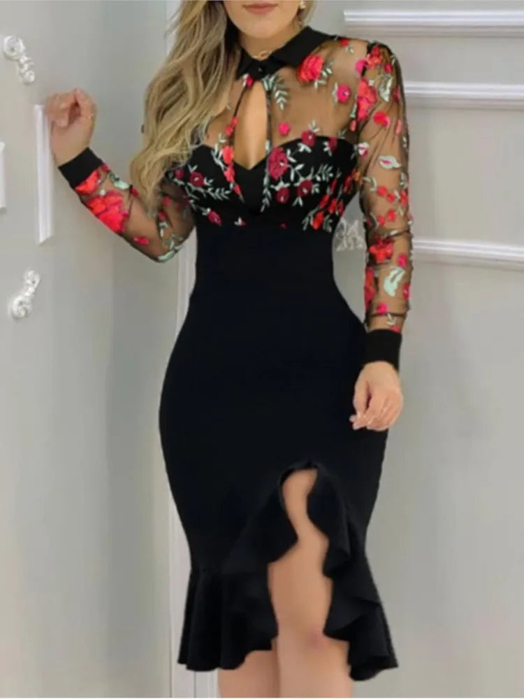 Spring Summer Sexy Mesh Ruffle Dress 2024 Wome Long Sleeve Irregularity Midi Dress Fashion Print Elegant Party Dresses