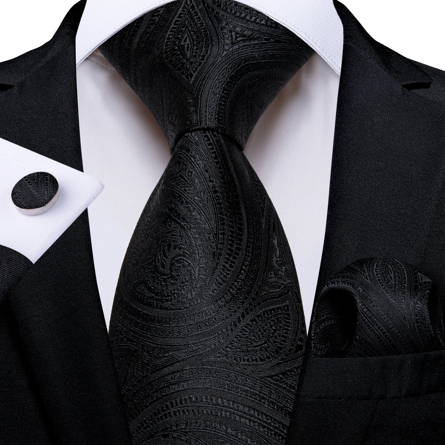 Men's Black Ties Handkerchief Cufflinks Business Formal Floral Striped Solid 8cm Necktie Gift for Husband Wedding Accessories