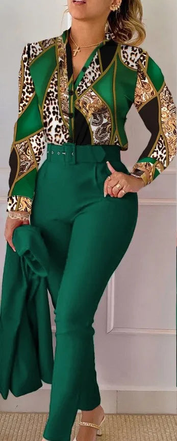 Women's Elegant Autumn/Winter Printed V-Neck Long Sleeve Button Shirt Top Fashion Solid Color Long Pants 2 Piece Set With Belt
