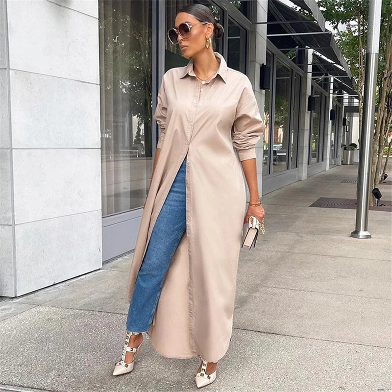 Spring Summer Long Sleeve Shirt Dress Women Turn-down Collar Button Up Straight Maxi Dress Loose Casual Long Dresses Vestidos