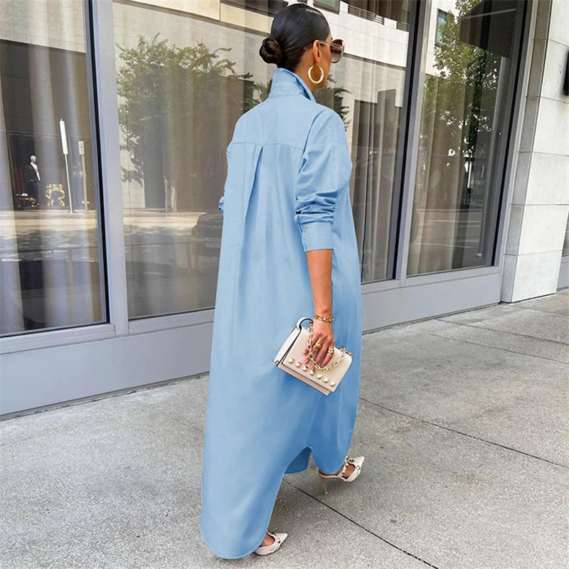 Spring Summer Long Sleeve Shirt Dress Women Turn-down Collar Button Up Straight Maxi Dress Loose Casual Long Dresses Vestidos