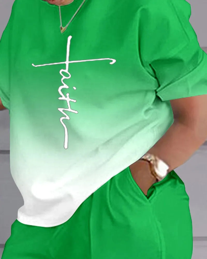 Women's clothing, round neck printed loose short sleeved T-shirt, shorts, casual sportswear, novelty for summer 2024