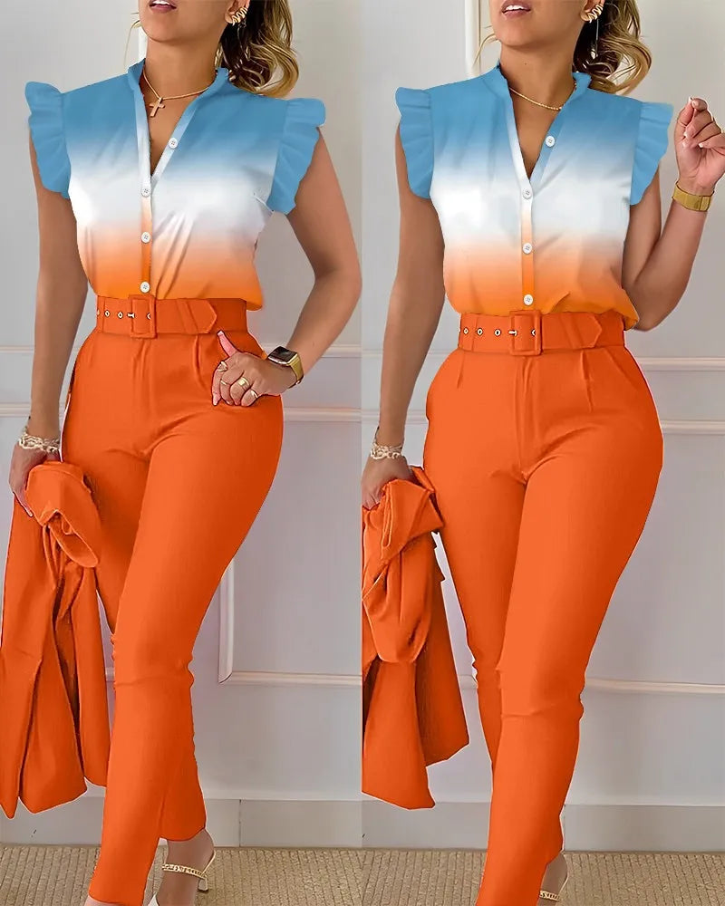 Elegant Women Printed Two Piece Suit Sets Spring Autumn V Neck Short Sleeve Shirt Top & Long Pants Set With Belt Workwear Outfit